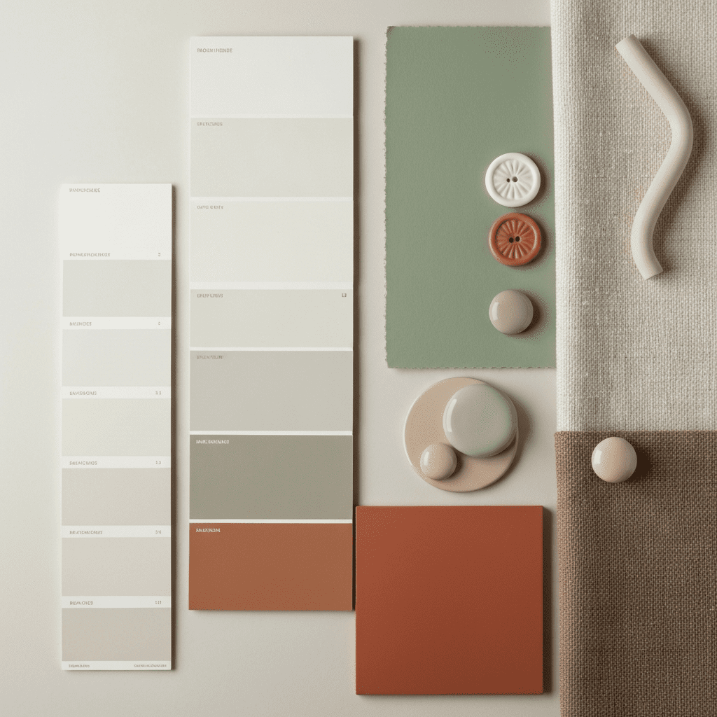 A curated flat lay showing a cozy color palette of warm neutrals, sage green, and terracotta.