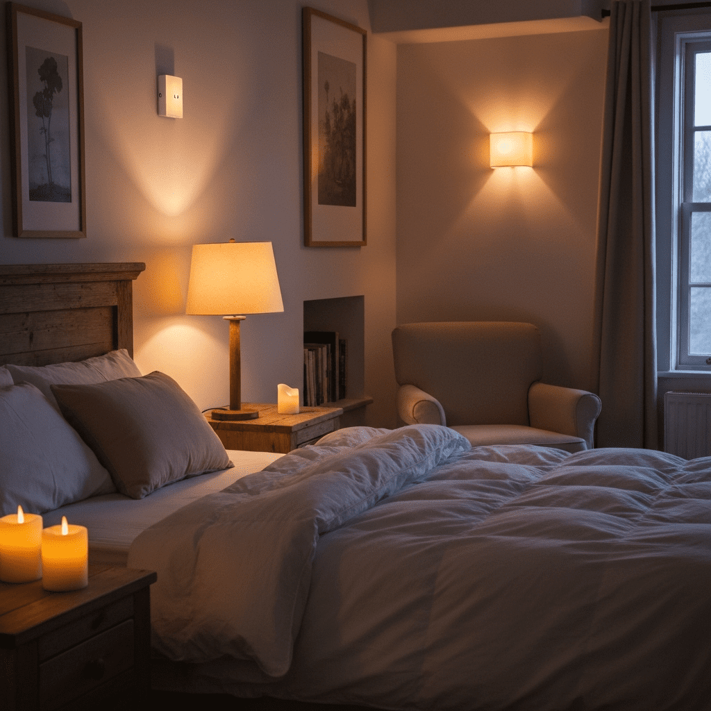 A bedroom illuminated by layered, soft lighting from lamps and candles, creating a tranquil ambiance.