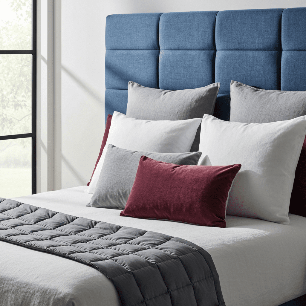 A fully styled cozy bed with an upholstered headboard, layered pillows, and a weighted blanket.
