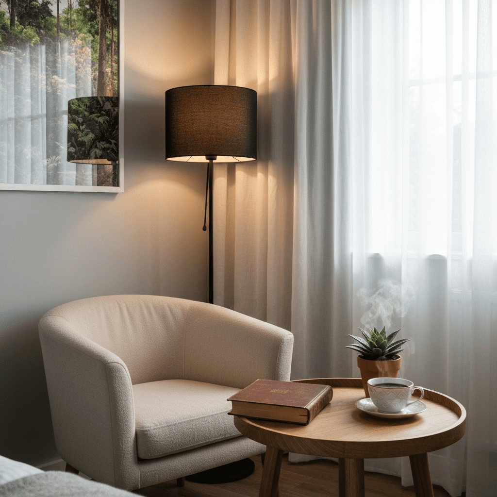 A cozy reading nook in a bedroom with an armchair, lamp, side table, and personal items.
