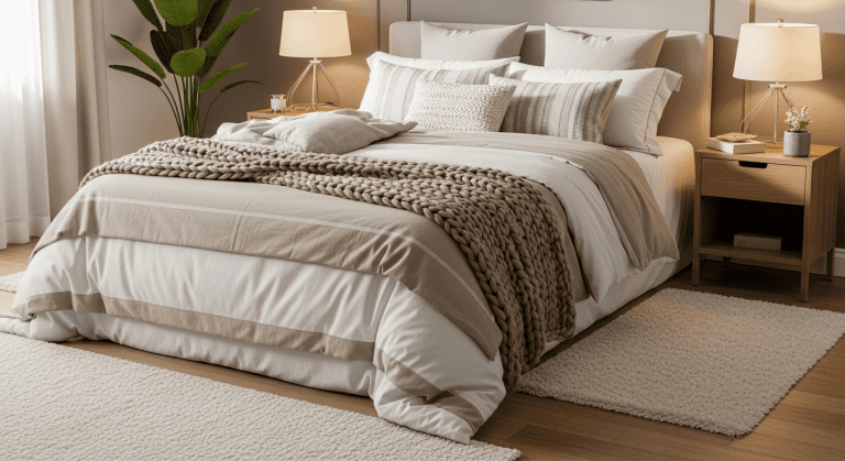 A serene and inviting cozy bedroom with layered bedding, soft textures, and warm, natural lighting.