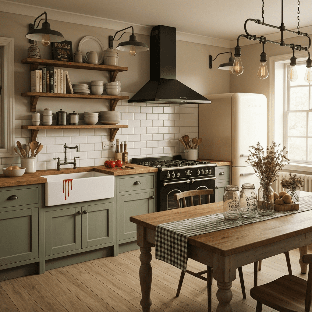 A warm farmhouse kitchen with a white apron sink, open wooden shelves, a large farm table, and wrought iron light fixtures over butcher block counters.