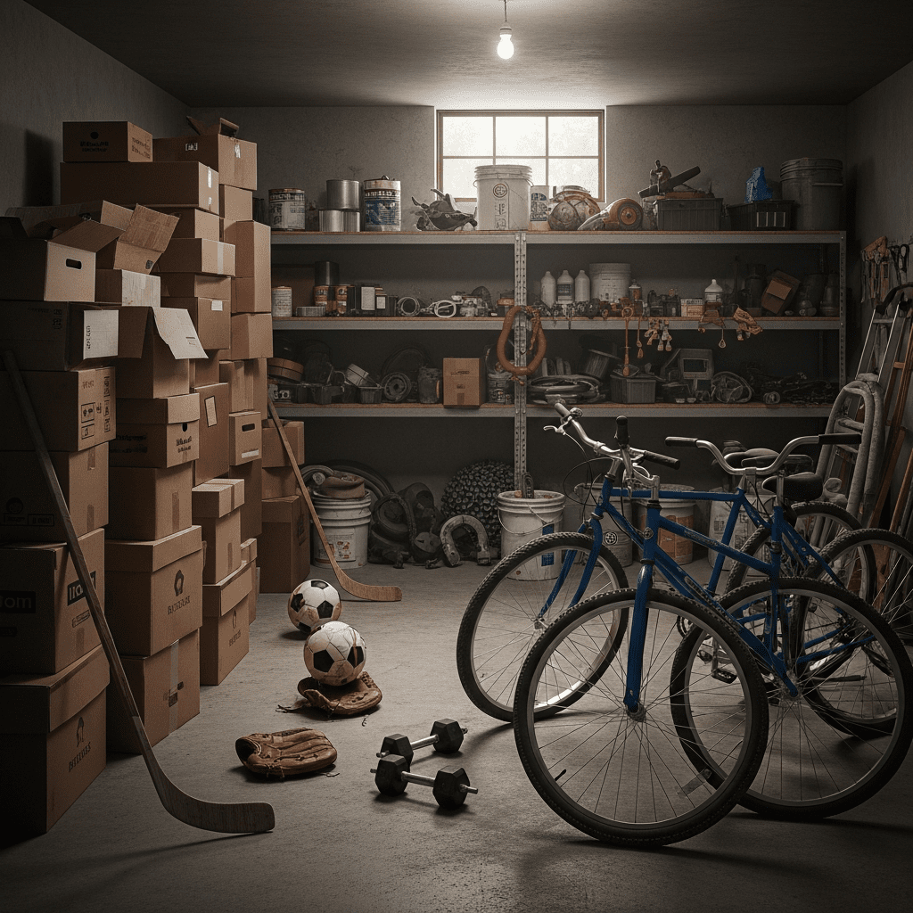A cluttered and chaotic garage with tangled bikes, stacked boxes, and items strewn across the floor.