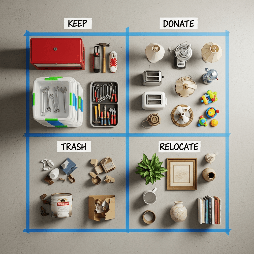 Overhead view of garage items sorted into four labeled piles: Keep, Donate, Trash, and Relocate.