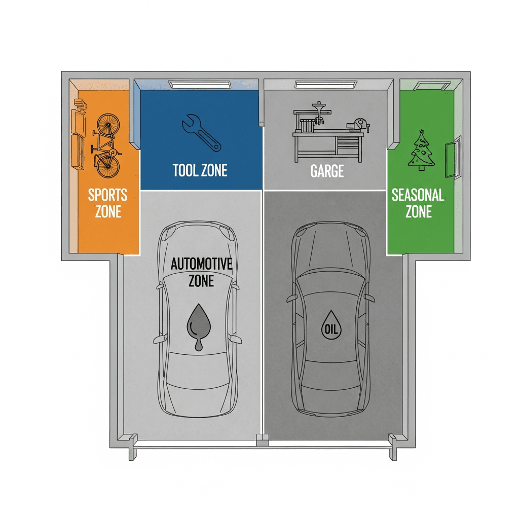 A color-coded diagram of a garage floor plan divided into functional zones like Automotive, Tool, and Seasonal storage.