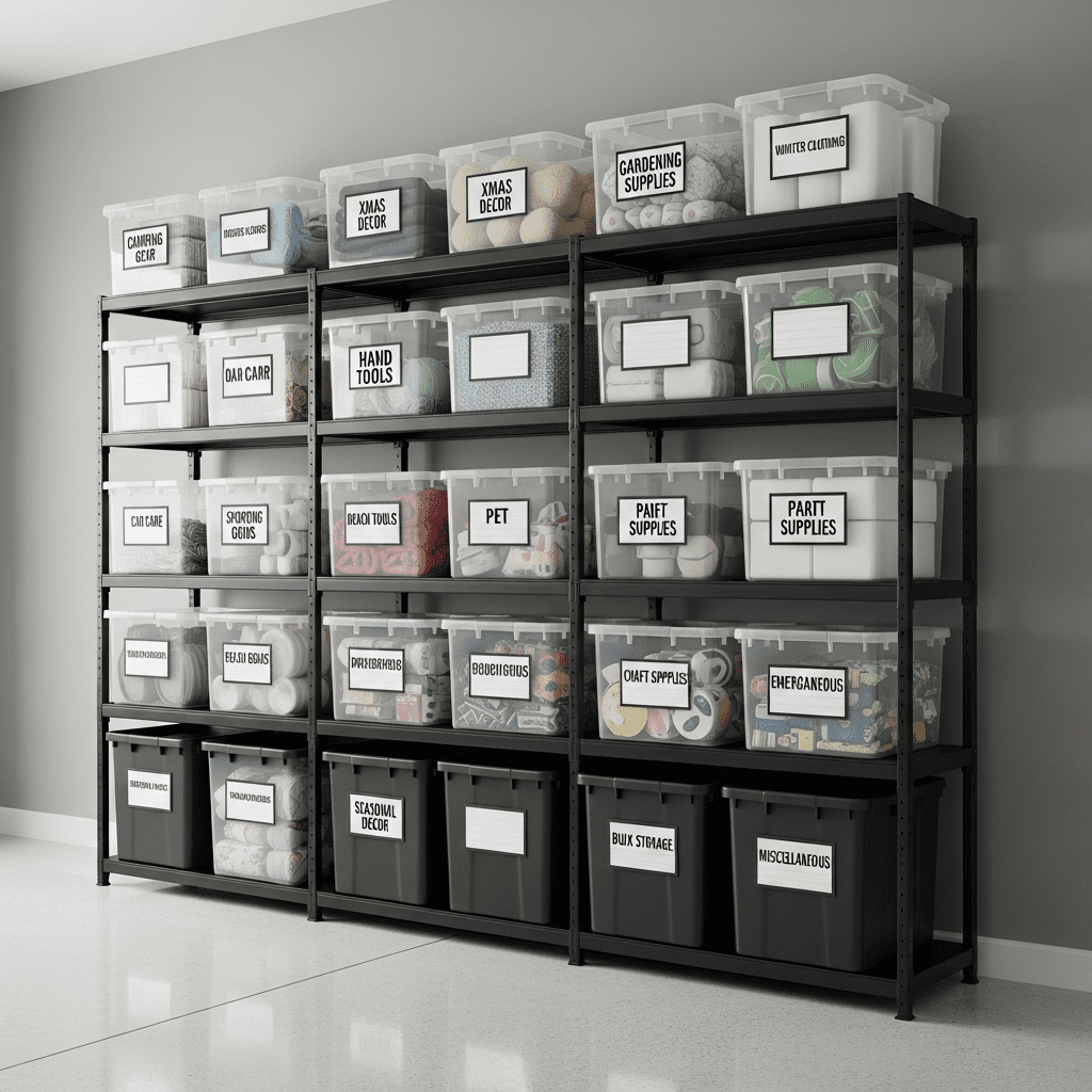 A heavy-duty steel shelving unit in a garage filled with clear, neatly labeled plastic storage bins.