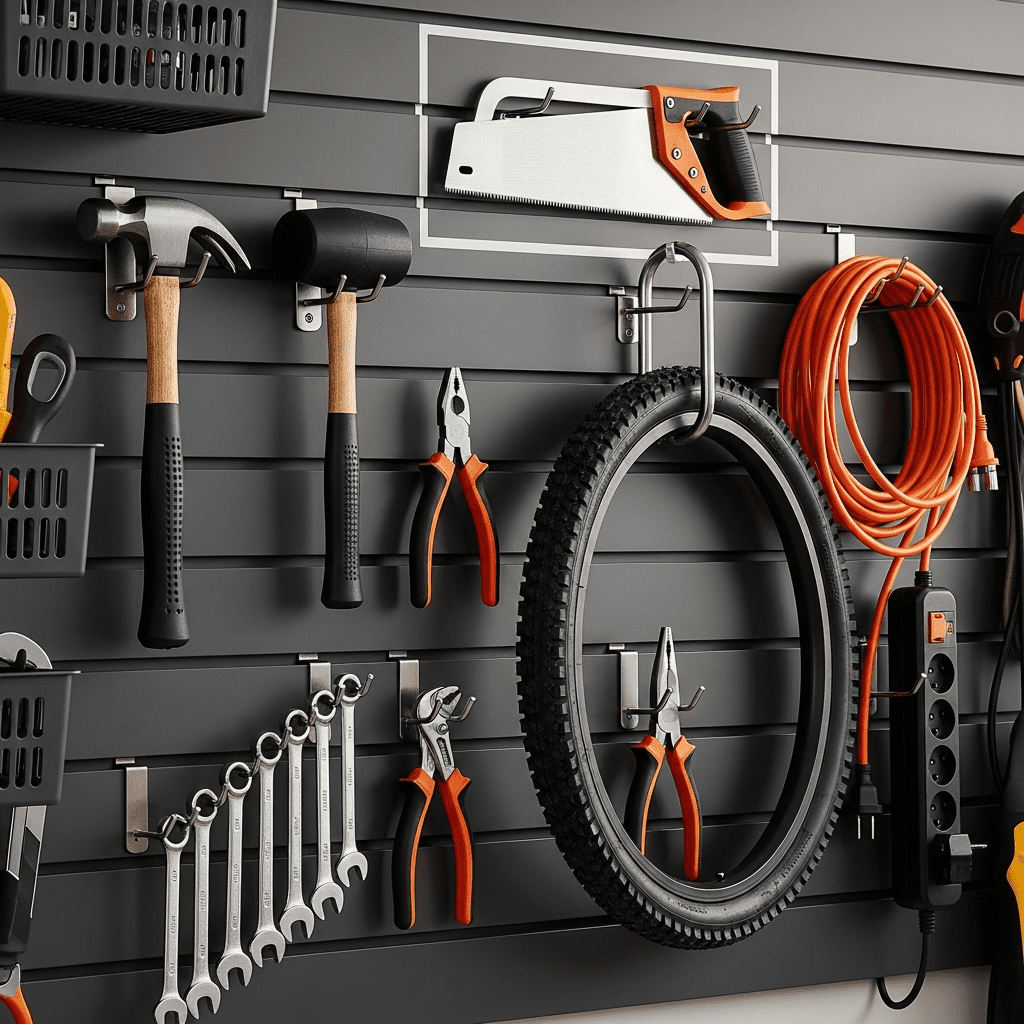 Close-up of a slatwall panel with tools and gear neatly hung on hooks, with a visible tool outline.