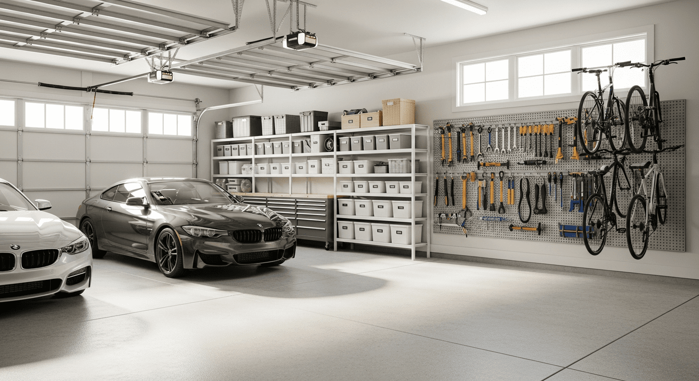 A bright, clean, and perfectly organized three-car garage with white shelving, labeled bins, and tools neatly arranged on a slatwall.