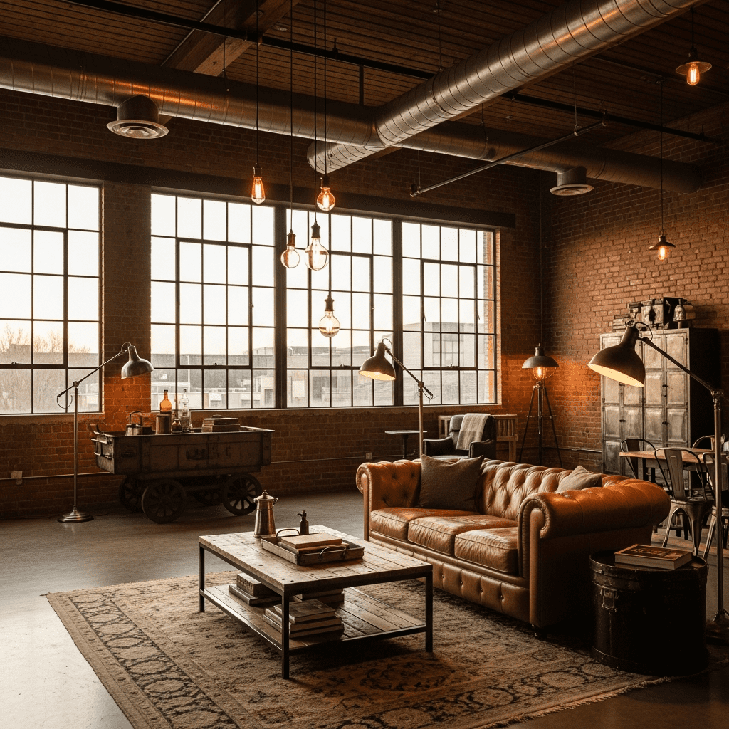 An evening view of an industrial loft with exposed red brick walls, a leather Chesterfield sofa, a reclaimed wood coffee table, and pendant lights with visible bulbs.