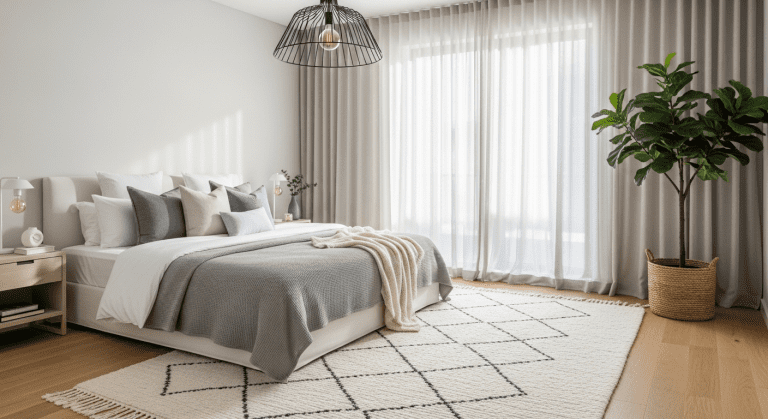 A serene modern bedroom sanctuary with layered bedding, soft lighting, and natural textures for relaxation.