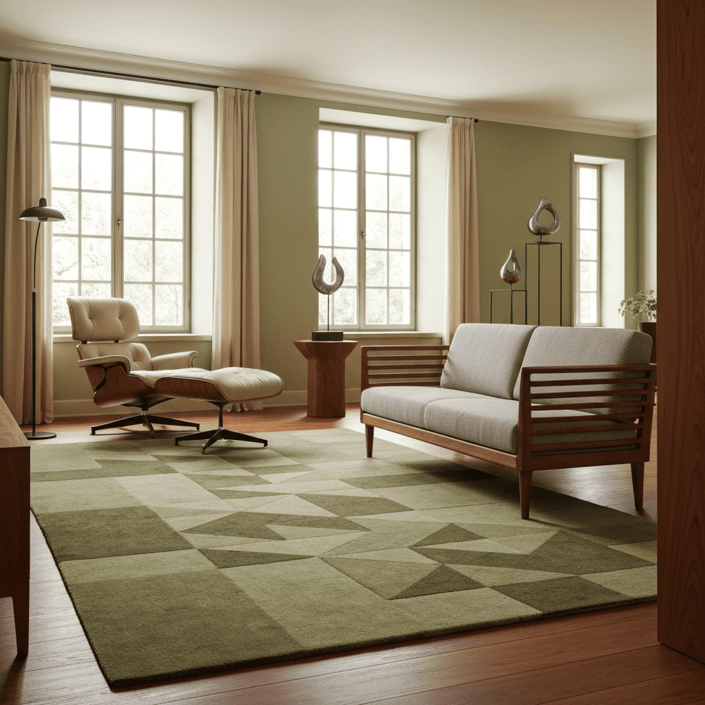 A bright living room featuring a tan leather Eames-style lounge chair, a teak sofa with tapered legs, a geometric rug, and an atomic starburst chandelier near a large window.