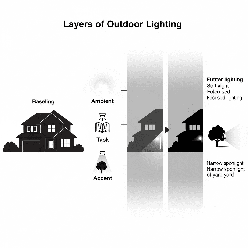 An infographic explaining the three layers of outdoor lighting: Ambient, Task, and Accent.