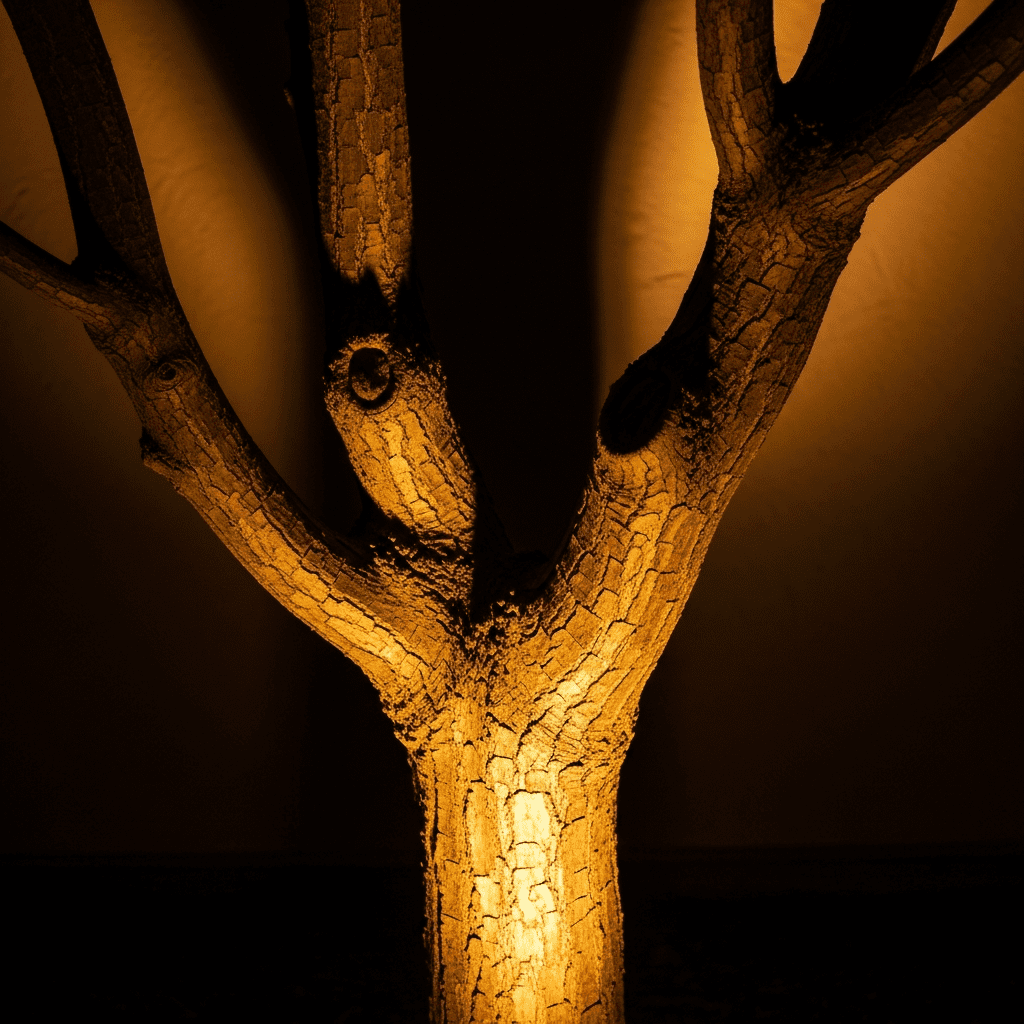 Close-up of a tree trunk dramatically lit from below by an uplight, highlighting its texture.