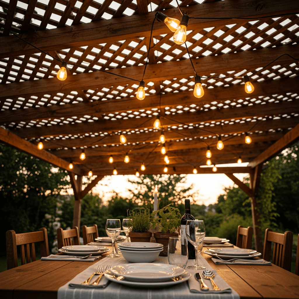A view through a pergola draped with warm string lights over an outdoor dining table.
