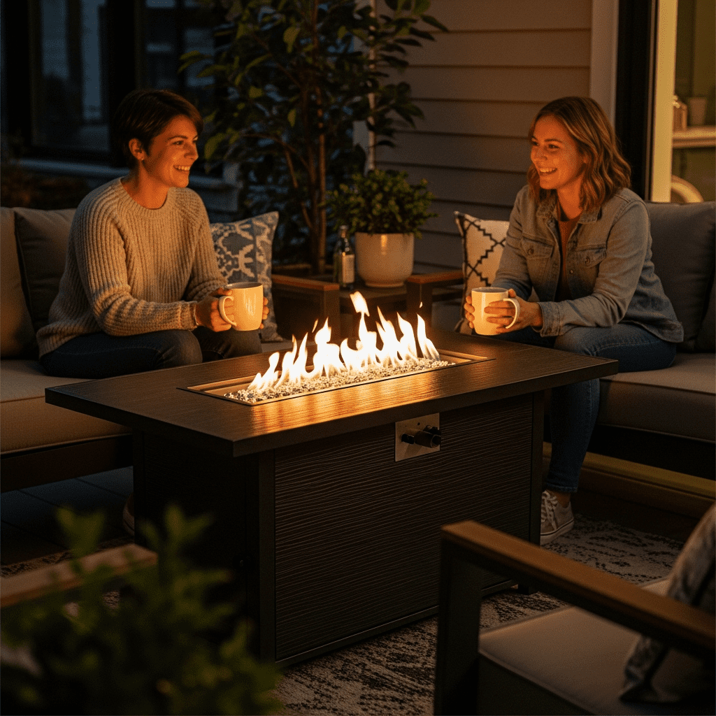 Friends enjoying conversation around a modern fire pit table at night, illuminated by its warm glow.