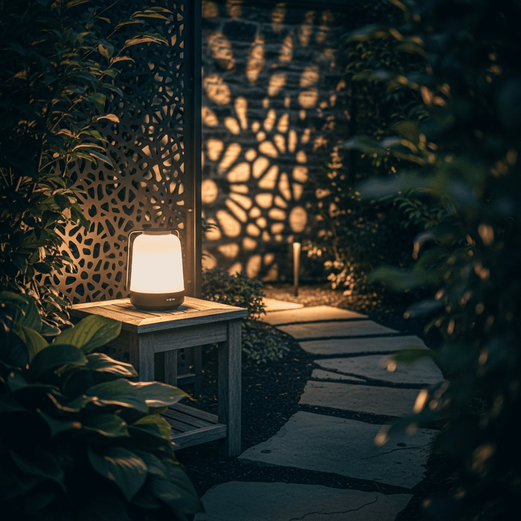 A subtlety lit garden nook demonstrating lighting techniques like shadow play and vertical layering.
