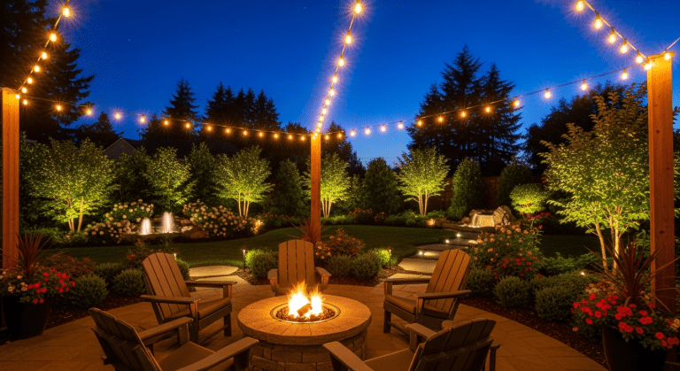 A beautifully lit backyard patio at dusk with string lights, a fire pit, and gentle garden lighting creating a magical ambiance.