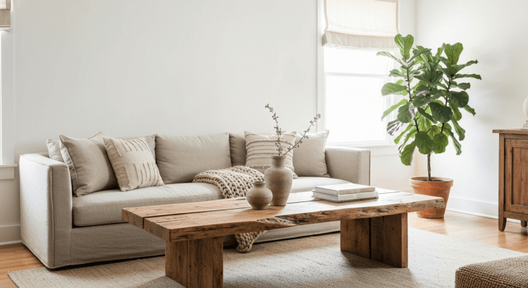 A warm and inviting modern rustic living room with a linen sofa, live-edge wood table, and natural textures.