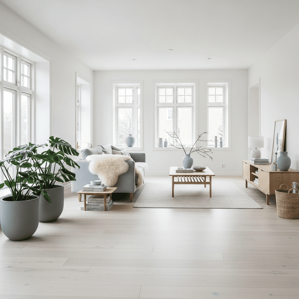 A bright, airy living room with a light gray sofa, a sheepskin throw, light wood floors, and large green Monstera plants in simple ceramic pots.