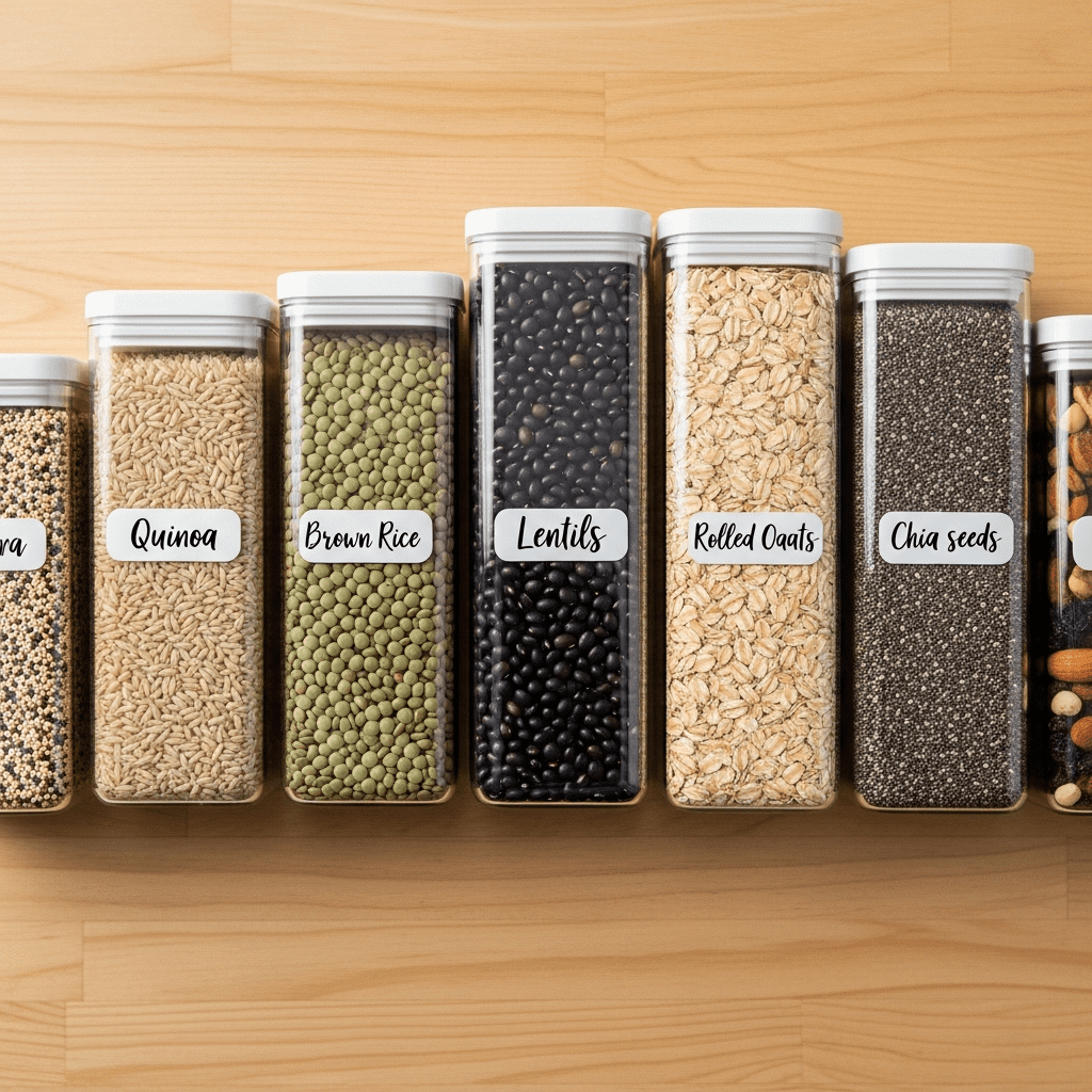 A row of matching clear pantry containers with labels for grains like quinoa, rice, and lentils.