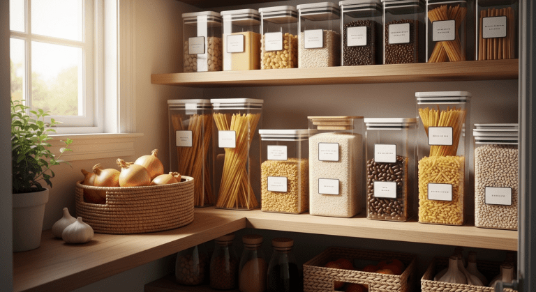 An organized small pantry with clear labeled containers on wooden shelves, featuring baskets and natural light for a warm, functional look.
