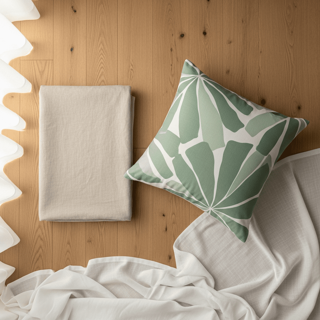 A flat lay of spring textiles including a linen throw blanket and a botanical print pillow.