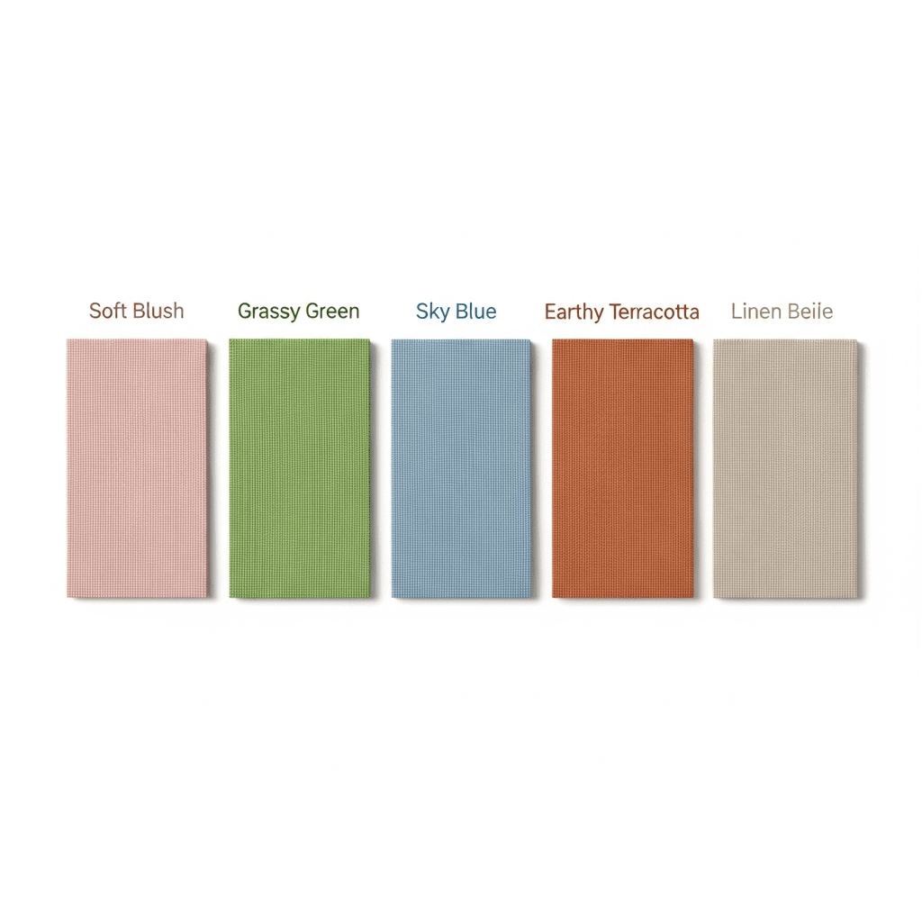 A modern spring color palette with blush, green, blue, terracotta, and beige samples.