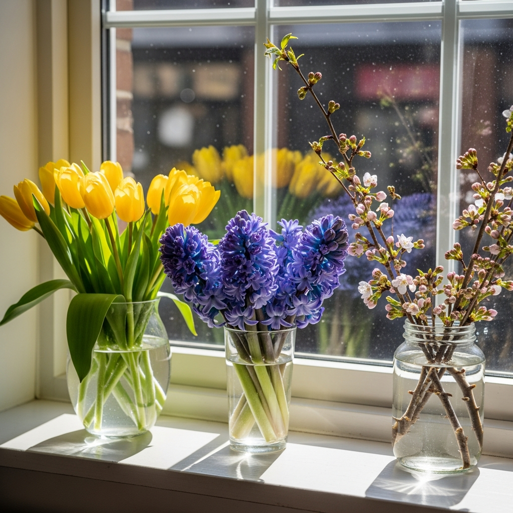 Glass vases with fresh yellow tulips, purple hyacinths, and cherry blossoms on a windowsill.