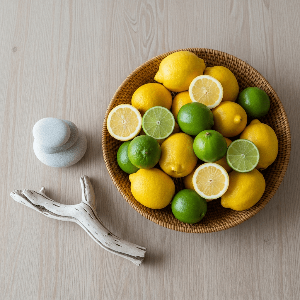 A natural spring tablescape with a bowl of citrus, smooth stones, and driftwood.
