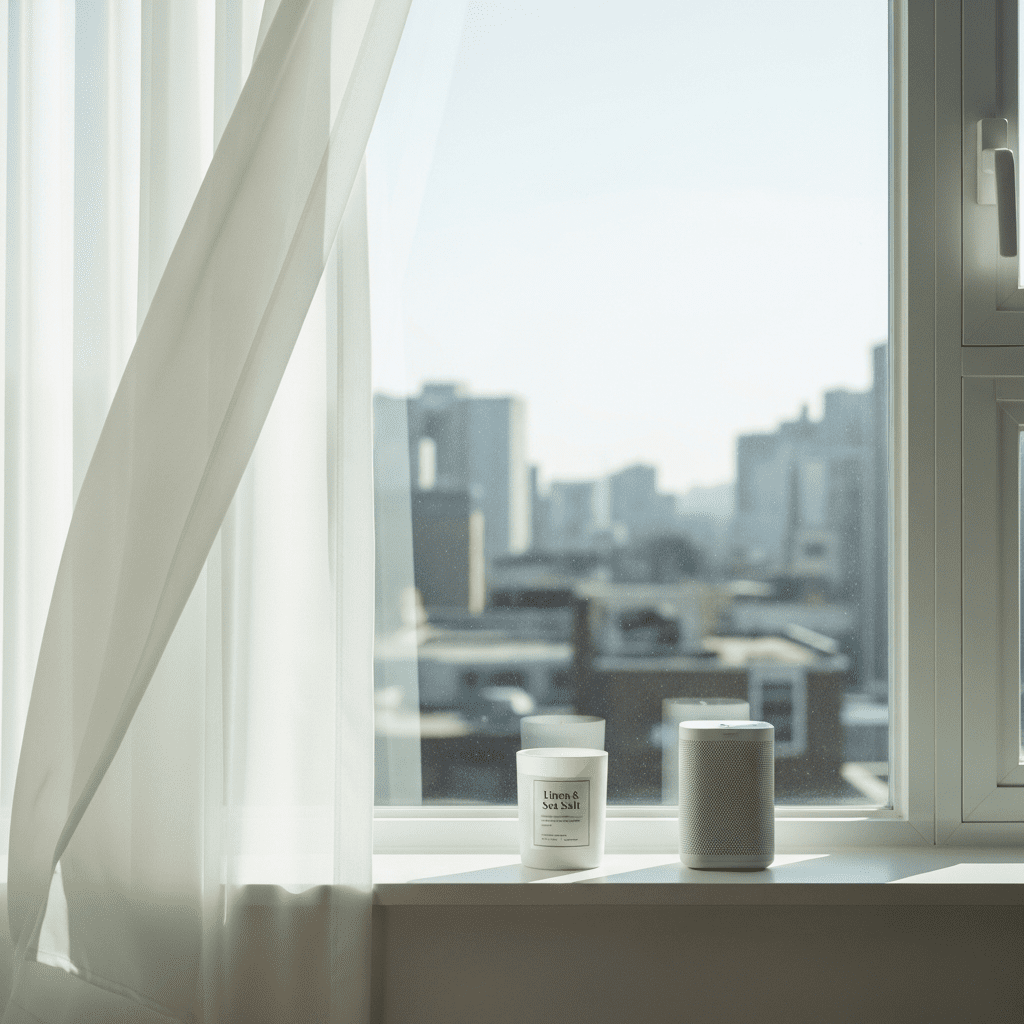 An open window with a blowing sheer curtain, a scented candle, and a speaker nearby.