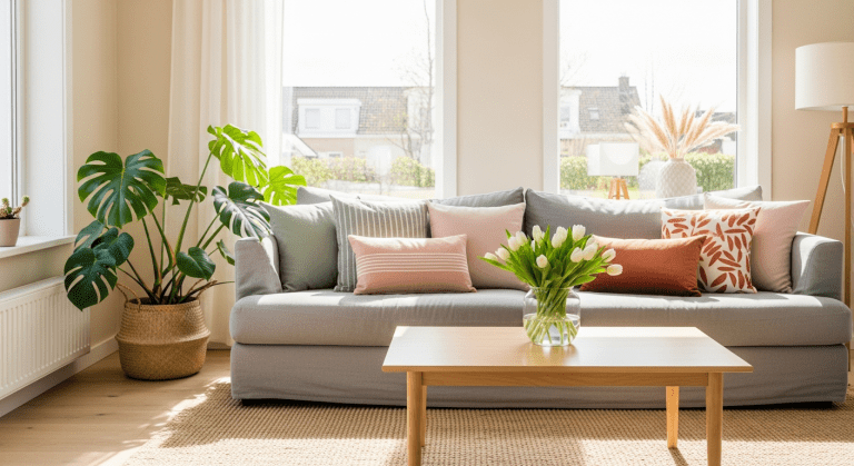 A bright spring living room with sunlight, a linen sofa, green plants, and fresh tulips showcasing a light and airy home decor refresh.