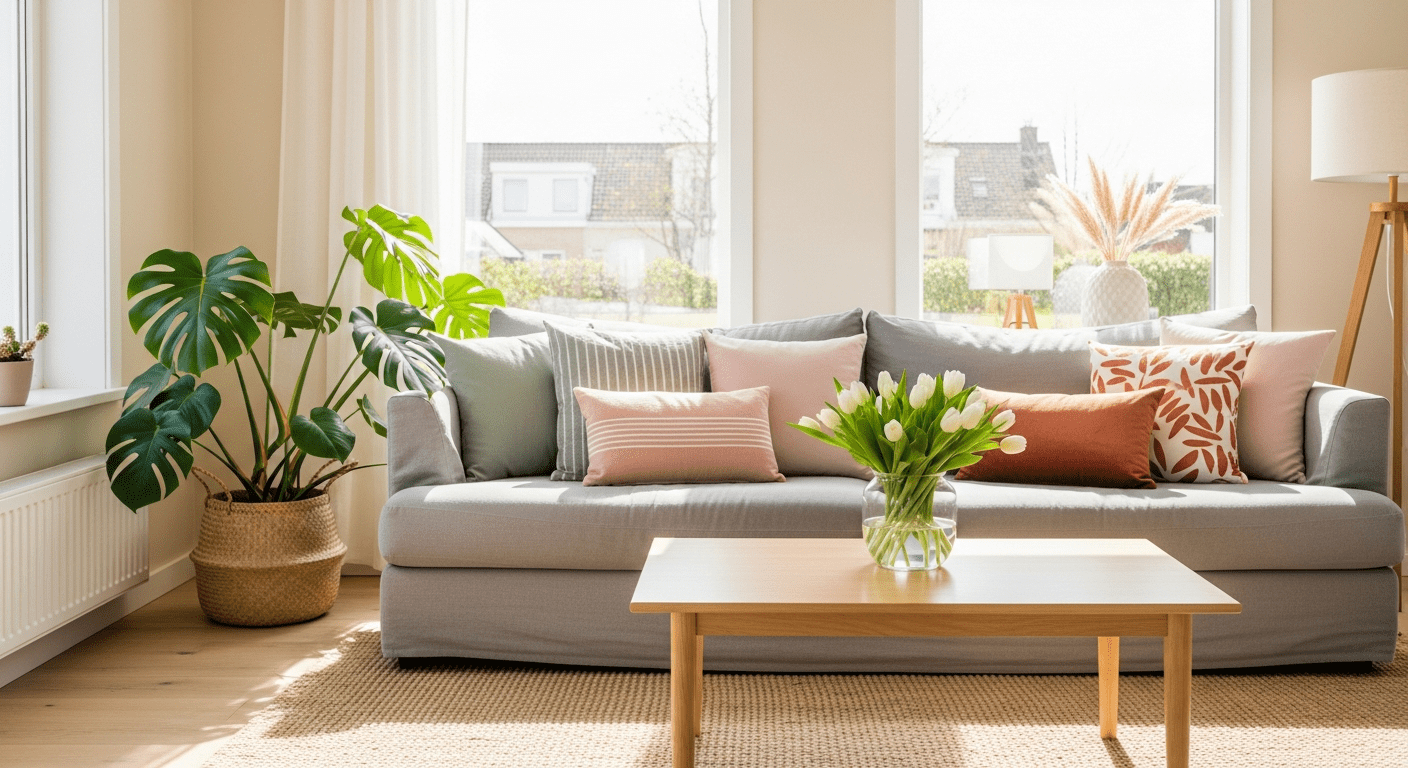 A bright spring living room with sunlight, a linen sofa, green plants, and fresh tulips showcasing a light and airy home decor refresh.