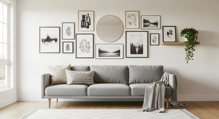 A modern living room with an inspiring gallery wall above a grey sofa, showing how wall decor creates a finished, personal space.