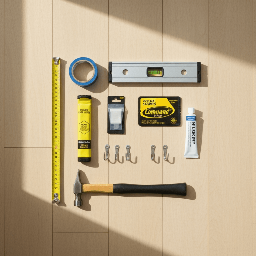 Essential tools for hanging wall decor including a tape measure, level, hooks, and hammer arranged neatly.