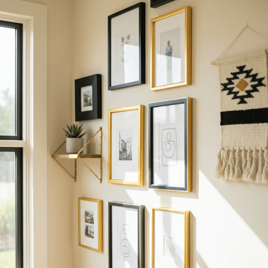 Close-up of a dynamic gallery wall with mixed frames, a shelf, and a textile hanging in a home office.