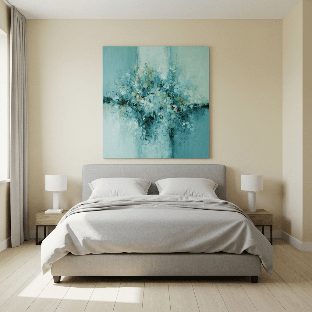 A minimalist bedroom anchored by a single, large abstract painting above the headboard.