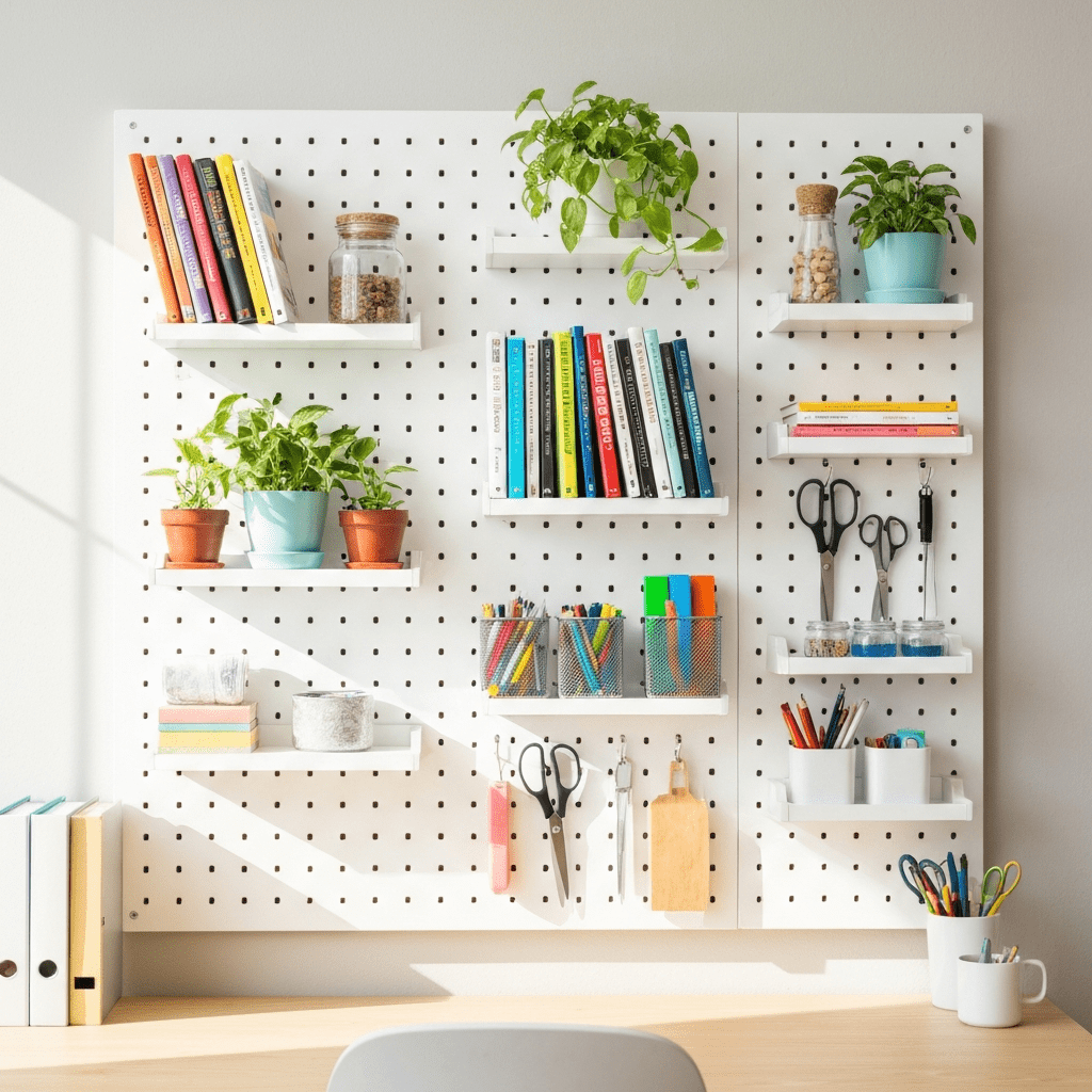 A stylish home office wall with a white pegboard organizing books, plants, and supplies.