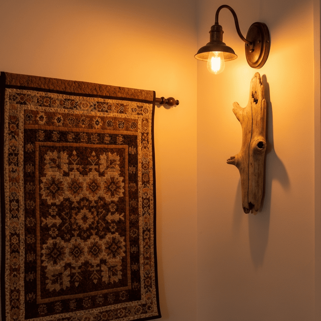A cozy nook with a quilt wall hanging, driftwood decor, and a warm wall sconce.