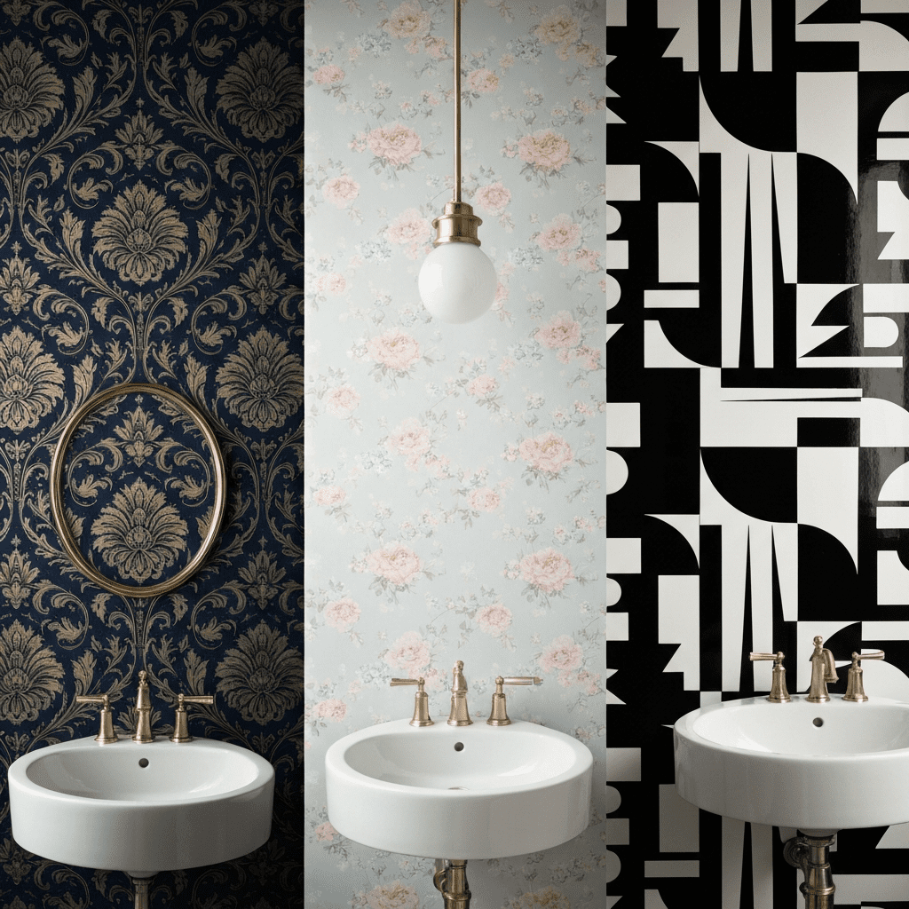 Three different powder room styles showing moody, airy, and bold wallpaper choices.