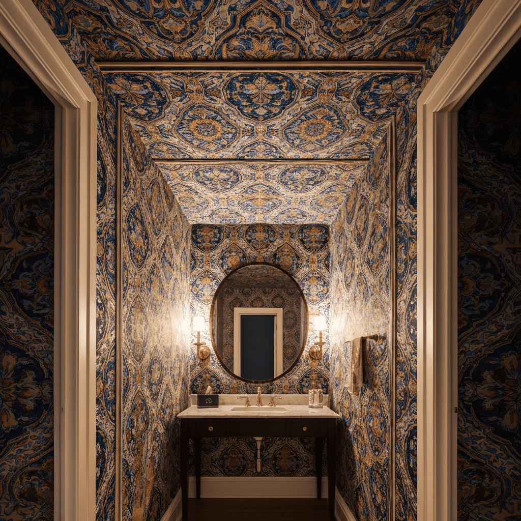 A powder room with wallpaper on all walls and the ceiling for a stunning, immersive look.