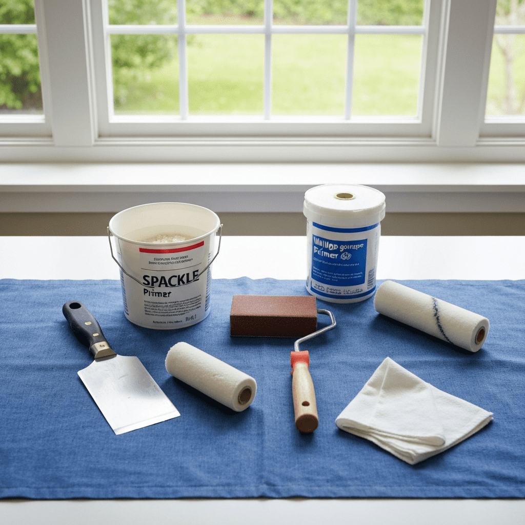 Essential tools for wall preparation: spackle, sander, primer, and applicators on a drop cloth.