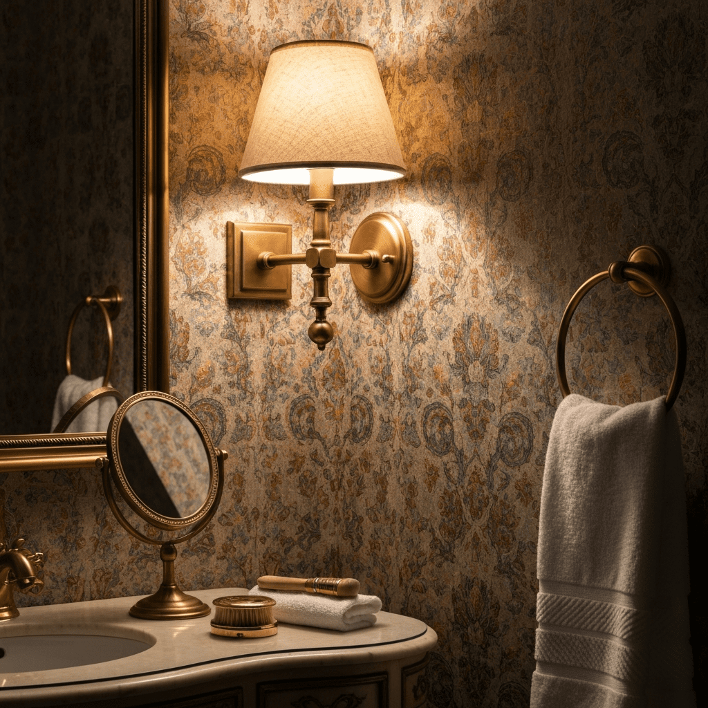 A warm brass sconce illuminating colorful wallpaper, showcasing its texture and pattern.