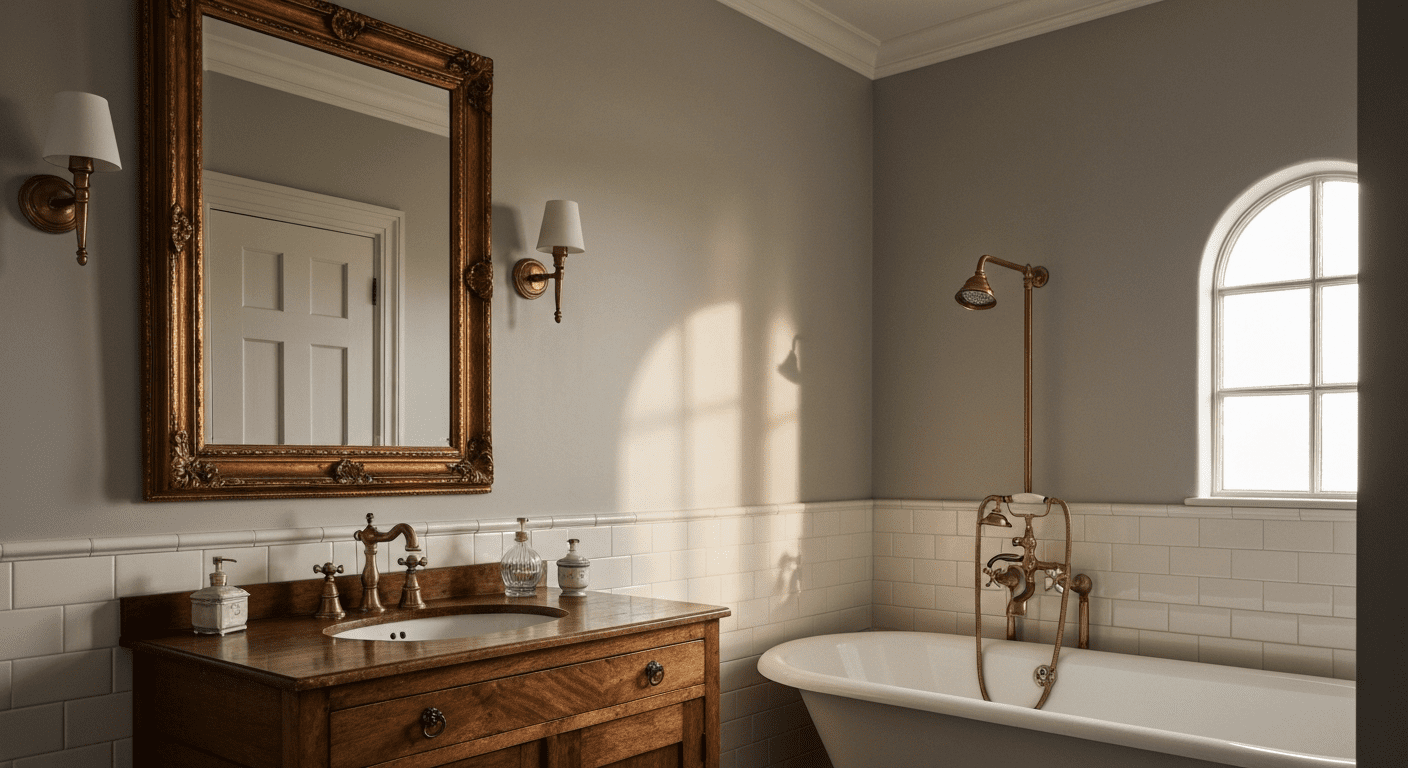 A modern powder room with dramatic green botanical wallpaper, brass accents, and a sleek white vanity.