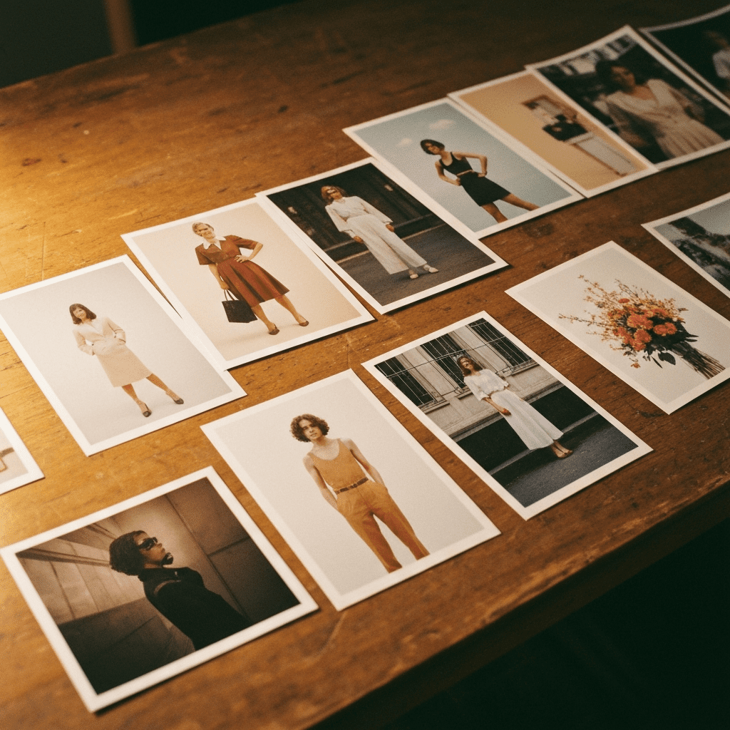 A flat lay of interior design inspiration images, fabric samples, and natural objects arranged on a table, revealing a recurring theme of earthy tones and organic shapes.