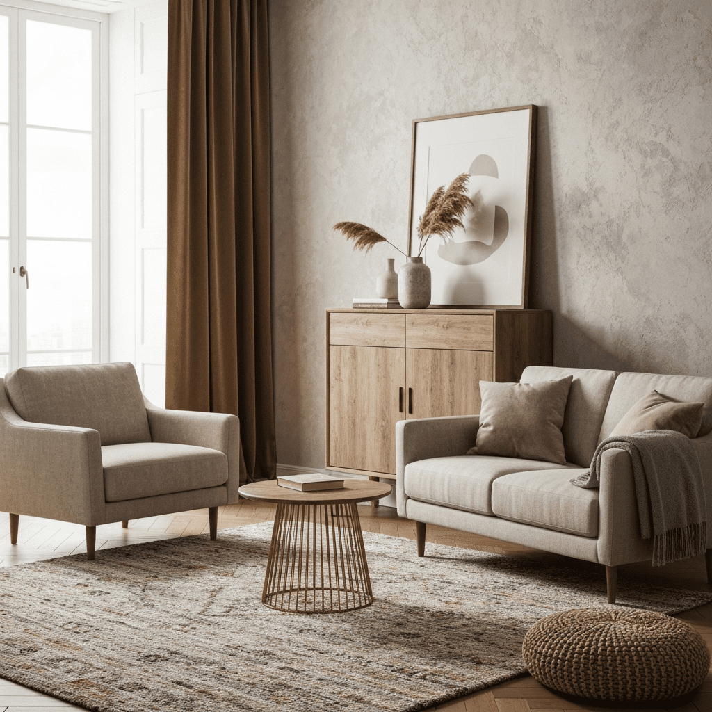 Detailed shot of a layered bed with a chunky knit throw, linen pillows, a smooth velvet headboard, and a rattan nightstand showcasing varied textures.