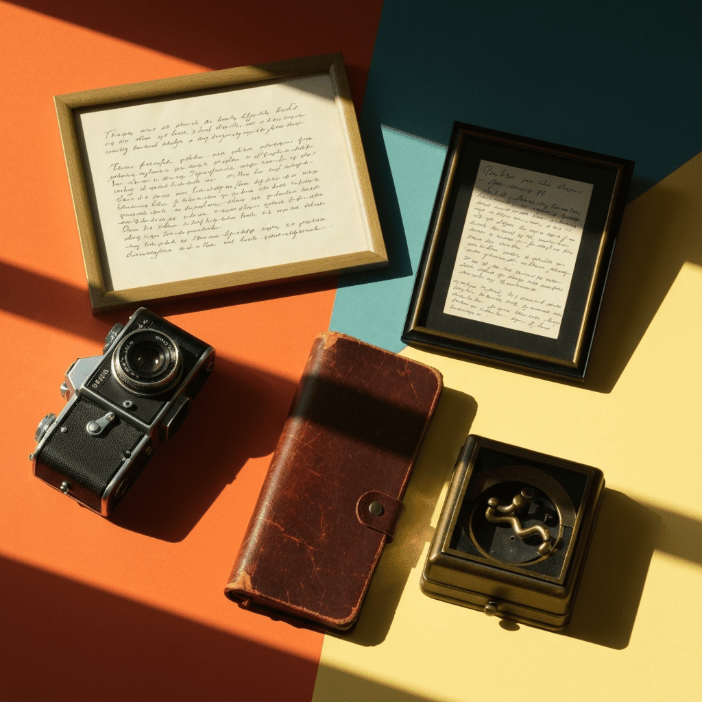 An eclectic gallery wall with mismatched frames holding personal photographs, concert tickets, botanical prints, and a small woven tapestry.