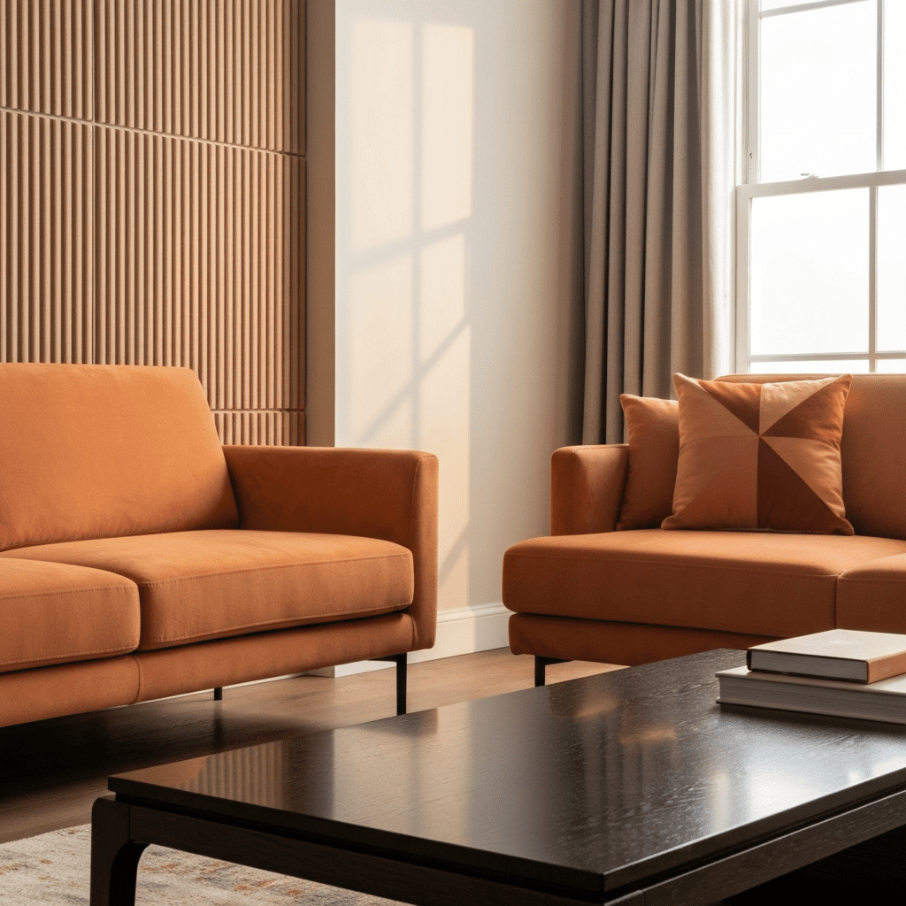A serene blue and white bedroom where a navy blue accent color appears on the bed throw, the frame of a wall mirror, and the spines of books on a shelf.