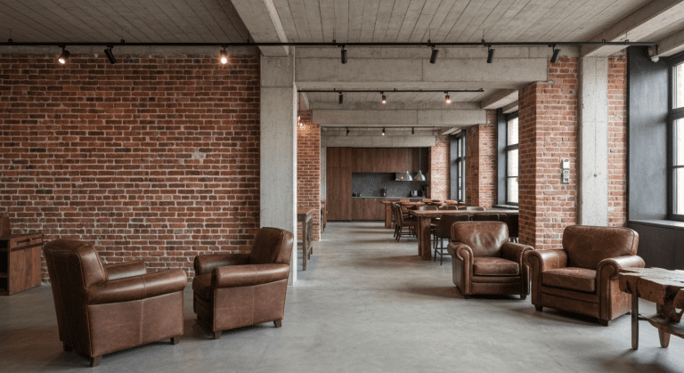 A cozy living room featuring an exposed brick wall and concrete floors, warmed by a cognac leather armchair, a rustic wood coffee table, and the glow of a woven pendant light.